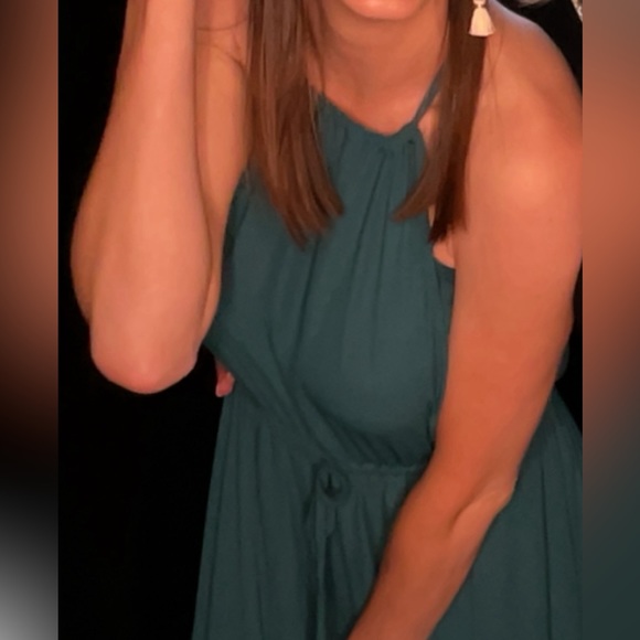 Teal Halter Floor Length Wedding Guest Dress w/ Leg Slit - Picture 2 of 5